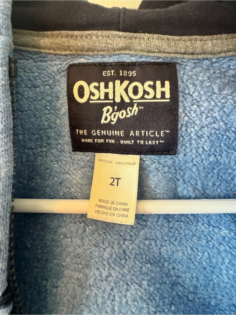 OshKosh Light Blue Hooded Zip Front Sweatshirt with Navy Logo